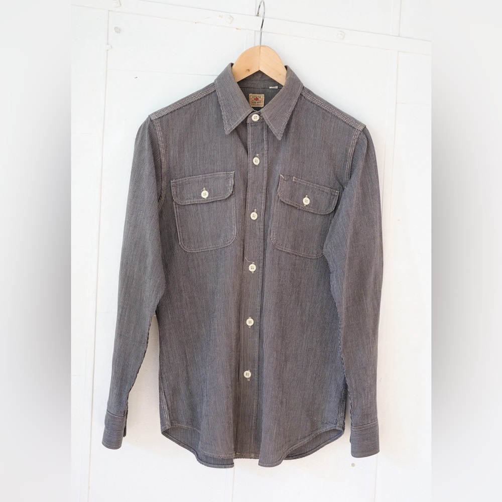 Sugar Cane Mens Hickory Pinstripe Long Sleeve Work Shirt Size 14-14.5 Mens Small